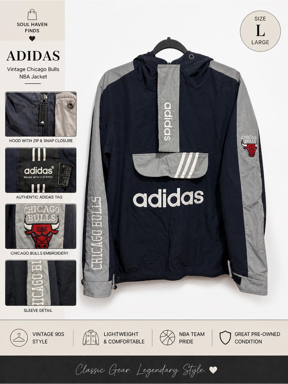 Adidas Chicago Bulls Jacket 90s NBA Pullover Windbreaker Large Black Grey